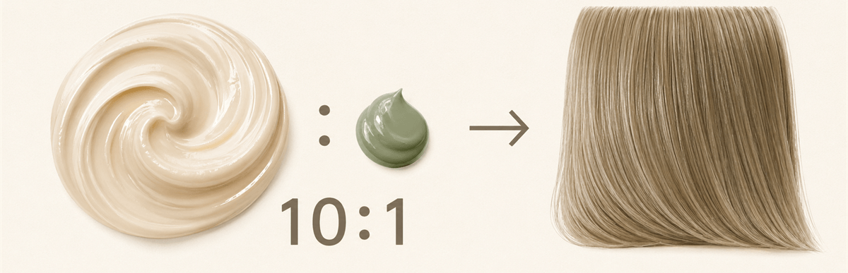 ベージュシャンプーとピスタチオグリーンを10対1で混ぜる比率図解