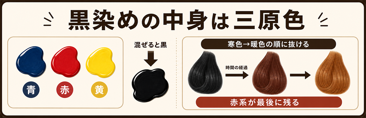 黒染めの色落ちの色落ちタイムライン