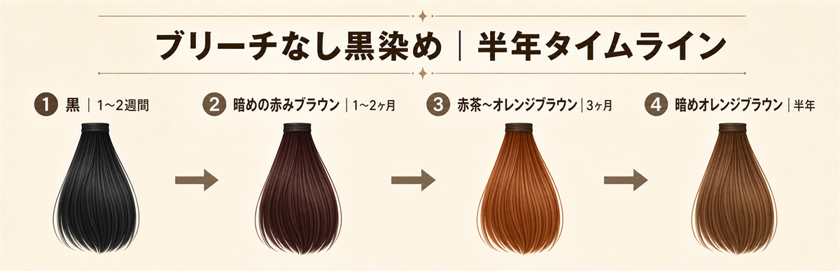 黒染めの色落ちのブリーチ回数別 色持ち比較