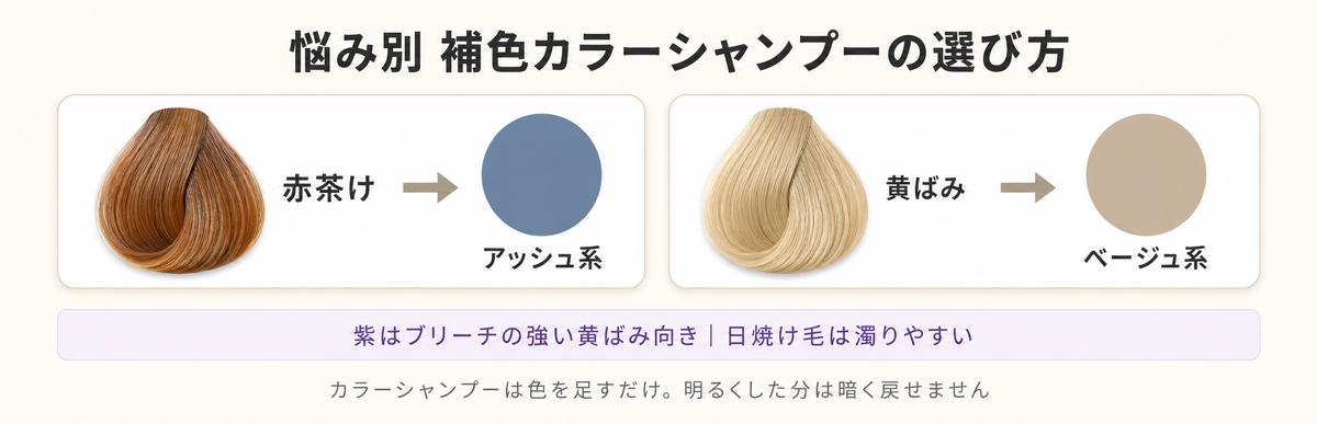 悩み別 補色カラーシャンプーの選び方｜赤茶けはアッシュ系・黄ばみはベージュ系、紫はブリーチ毛の強い黄ばみ向き
