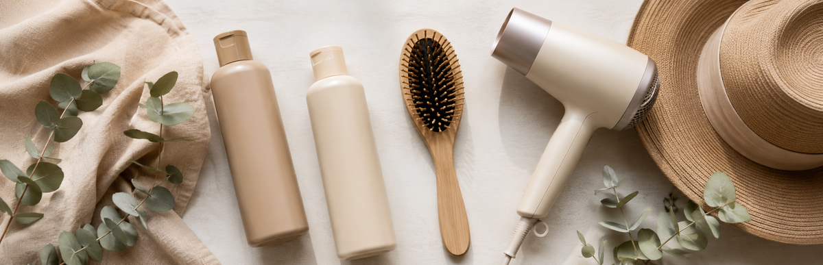 ミルクティーブラウンの色落ちケアまとめ｜シャンプーボトルやドライヤーを並べたヘアケアグッズ