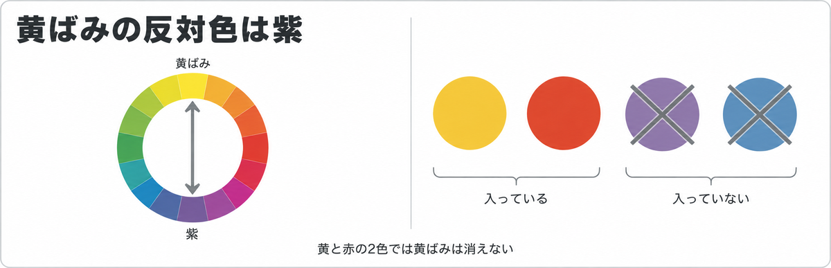 黄ばみの反対色は紫で、KYOGOKU ブロンドには黄と赤しか入っていないことを示した図解