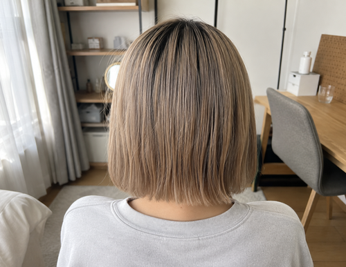 ブリーチ1回のアッシュグレー|2〜3週間でベースのくすんだ黄色が見えてきた状態