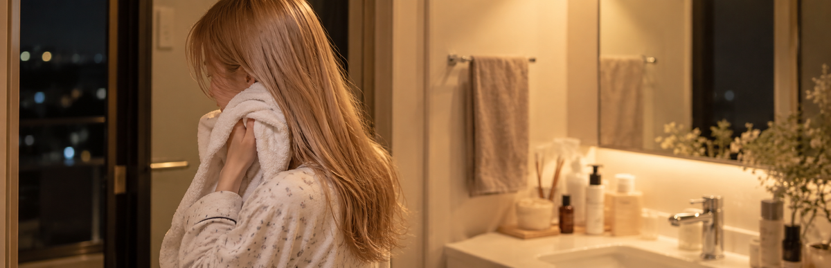 前日の夜、お風呂上がりにタオルで髪を拭く女性｜カラー・ブリーチ前のシャンプーは前日の夜がベスト