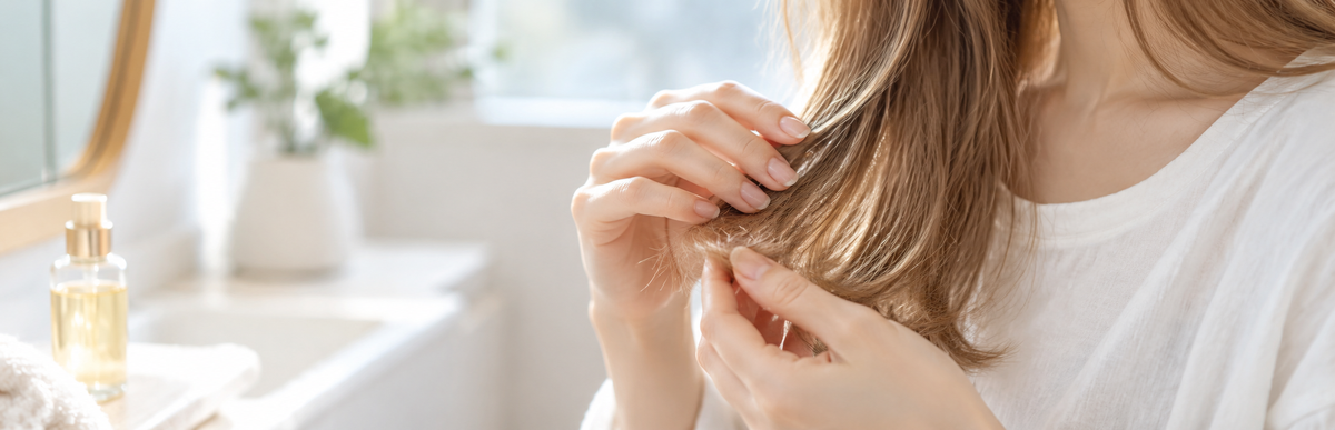 毛先だけに少量のヘアオイルをなじませる手元