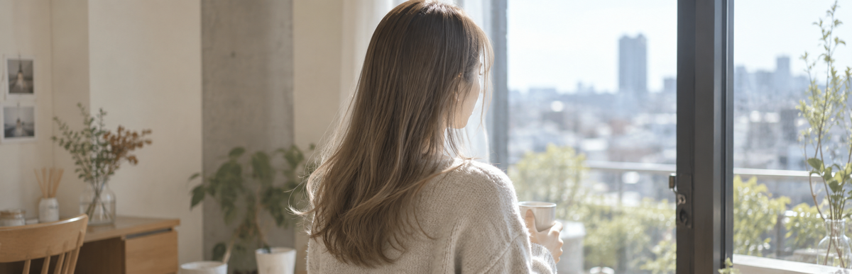 自然光で透けるブリーチなしのグレージュ〜ベージュの髪の後ろ姿
