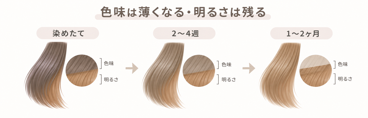 色落ちで色味の層だけが薄くなり、ライトナーで作った明るさの層が残ることを示す3コマの図解