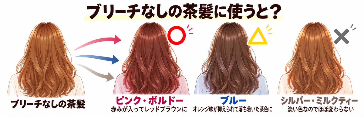 ブリーチなしの茶髪にプリュスオーを使った時の変化の図解。ピンク・ボルドーは赤みが入ってレッドブラウンに、ブルーはオレンジ味が抑えられて落ち着いた茶色に、シルバー・ミルクティーは淡い色なのでほぼ変わらない