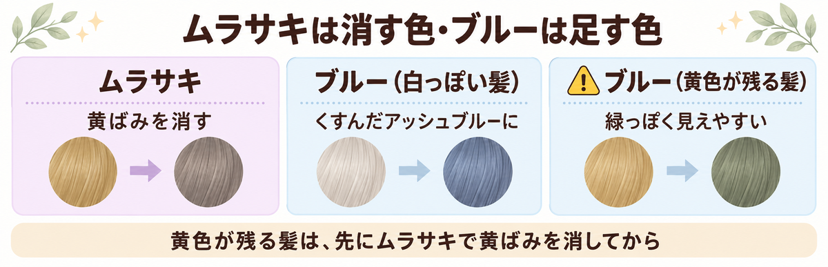 プリュスオーのムラサキとブルーの働きの違いの図解。ムラサキは黄ばみを消してグレージュに、ブルーは白っぽい髪ではくすんだアッシュブルーに、黄色が残る髪では緑っぽく見えやすいので先にムラサキで黄ばみを消す