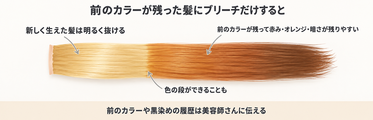 前のカラーが残った髪にブリーチだけした時の図解｜新しく生えた根元は明るく抜けて毛先に赤みやオレンジ・暗さが残る