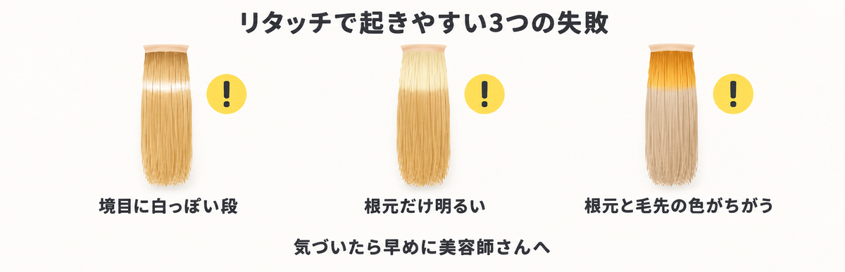 ブリーチのリタッチで起きやすい3つの失敗の図解｜境目に白っぽい段・根元だけ明るい・根元と毛先の色がちがう。気づいたら早めに美容師さんへ