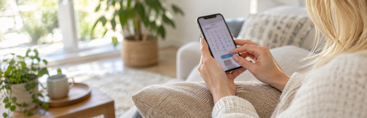 自宅のソファでスマホを持ち、美容室の予約画面を開いている女性の手元