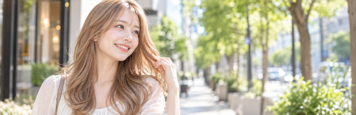 美容院でカラーをした帰りに並木道を歩く、明るいミルクティーベージュの髪の女性