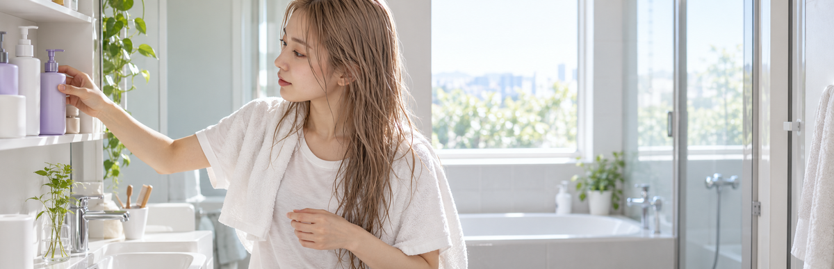 自宅の洗面所で肩にタオルをかけ、棚のトリートメントのボトルに手を伸ばす濡れたミルクティーベージュの髪の女性