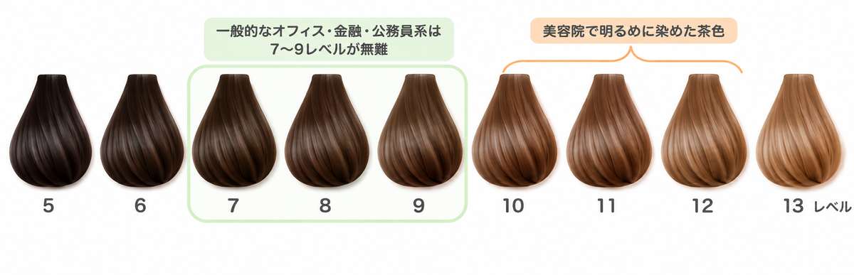 髪の明るさのレベルの図解｜一般的なオフィス・金融・公務員系は7〜9レベルが無難