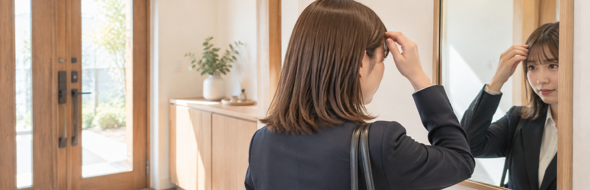 朝の玄関の鏡の前でリクルートスーツを着て前髪をととのえる暗めのブラウンの髪の女性