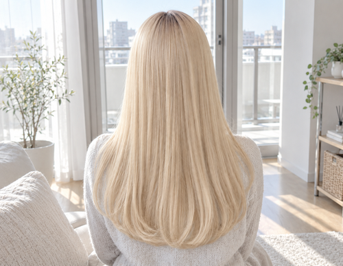 窓際で見た、白っぽい淡い黄色に抜けて根元の地毛が少し伸びてきたロングヘアの後ろ姿