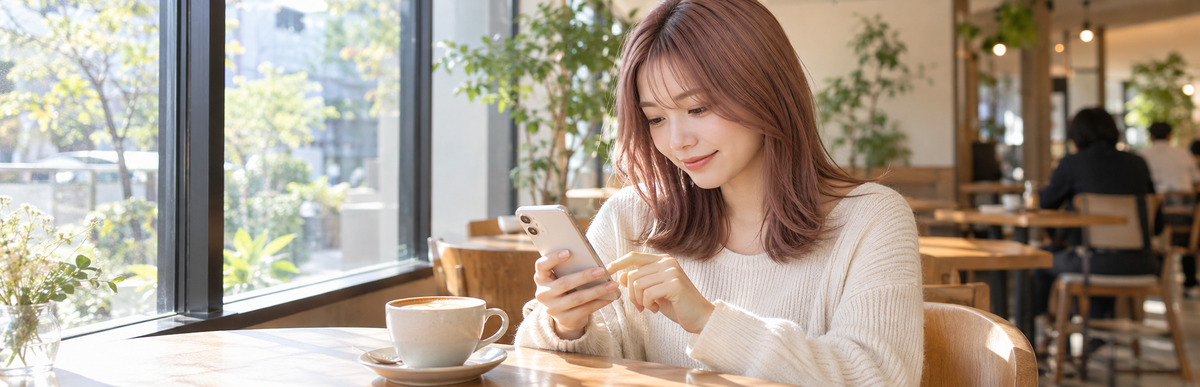 カフェの窓際でスマートフォンを見ながら美容室の次の予約を入れる、落ち着いたピンクブラウンの髪の女性